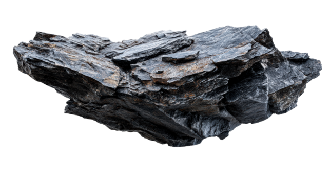 Jagged dark gray rock formation with metallic flecks on white background