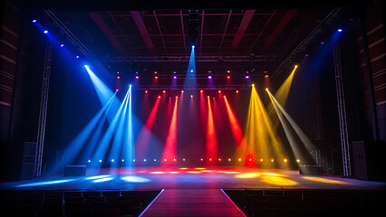 Vibrant stage lights illuminate empty concert hall ready for performance