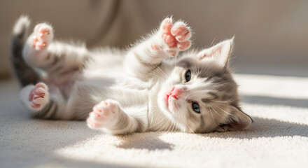 Adorable Kitten Relaxing on a Cozy Blanket in Warm Sunlight