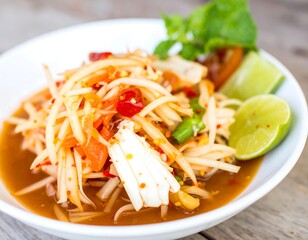 Colorful papaya salad in a white bowl