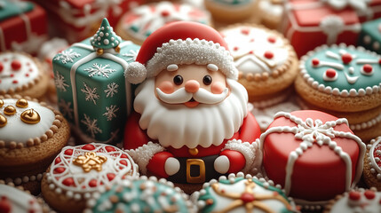 Assorted holiday cookies shapes of Santa, Christmas trees, snowflakes, and gifts decorated with vibrant royal icing and festive patterns for seasonal joy and celebration.