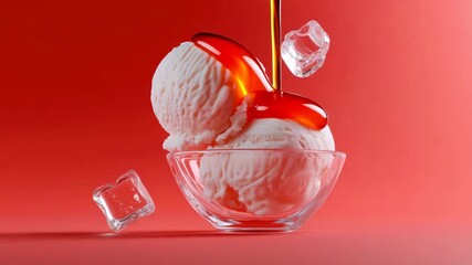 Creamy vanilla ice cream with luscious red syrup and floating ice cubes on vibrant red background - Powered by Adobe
