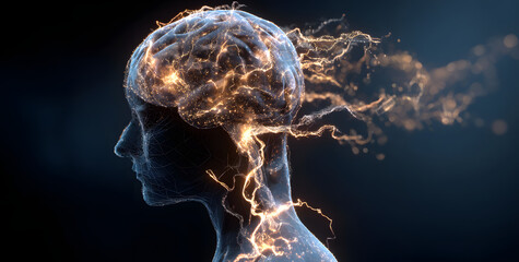 Stress and migraine seizure, alzheimer and epilepsy isorder, brain waves, mentl health concept, generatie AI used for brain
