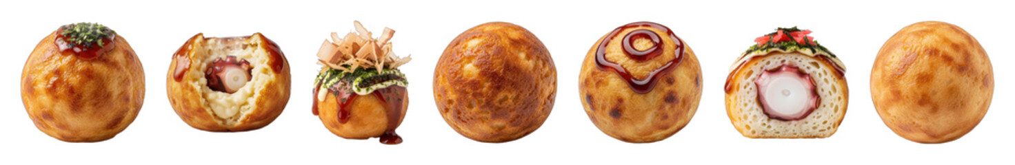 Takoyaki set including whole, half, plain, and decorated with toppings isolated. Japanese street food collection.