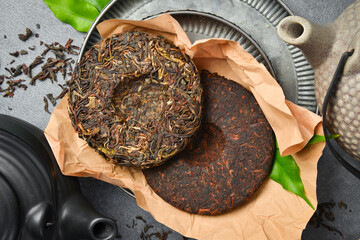Tea ceremony. Pressed fermented Pu-erh tea, preparation for making tea.