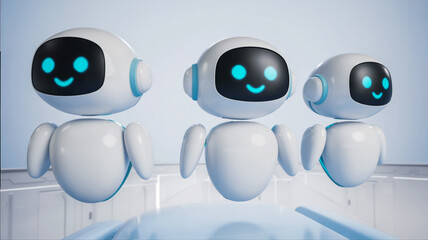 Fototapeta premium Three adorable friendly white robots with glowing blue eyes and happy faces in a futuristic setting