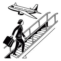 Business woman and men with suitcases climbing a ladder on the airport stairs