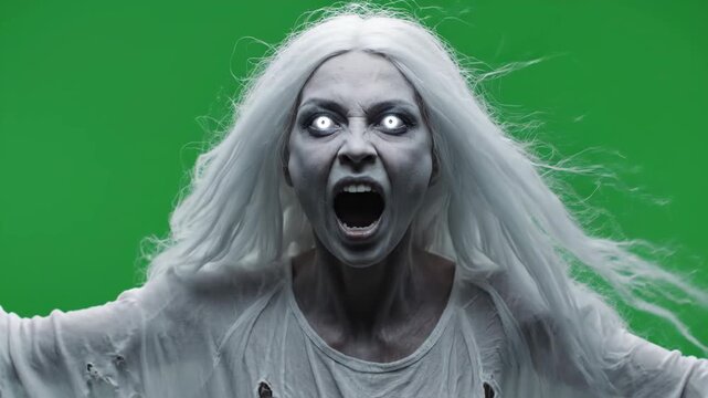 Ghostly Banshee Scream - Green Screen - A pale woman with long white hair and glowing eyes screams silently against a green screen.