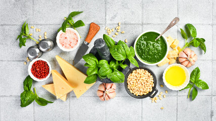 Pesto sauce and ingredients. Top view.