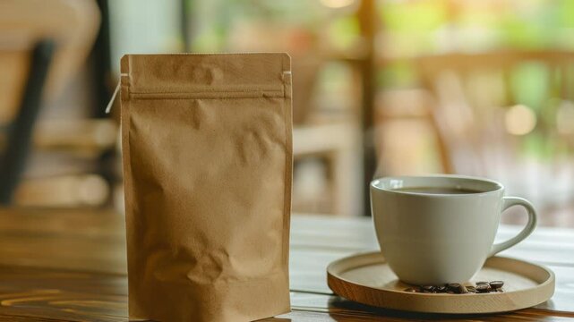 A cup of coffee sits next to a bag of coffee, perfect for a morning pick-me-up or a cozy moment