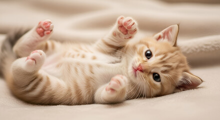 Playful Kitten Relaxing on a Bed in Soft Natural Light