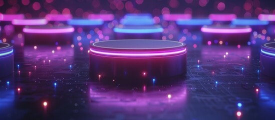 Futuristic glowing platform with neon lights and bokeh effect.