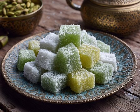 Pakistani petha ash gourd sweet cubes sugar coating traditional regional dessert styled for South Asian cultural stock photography
