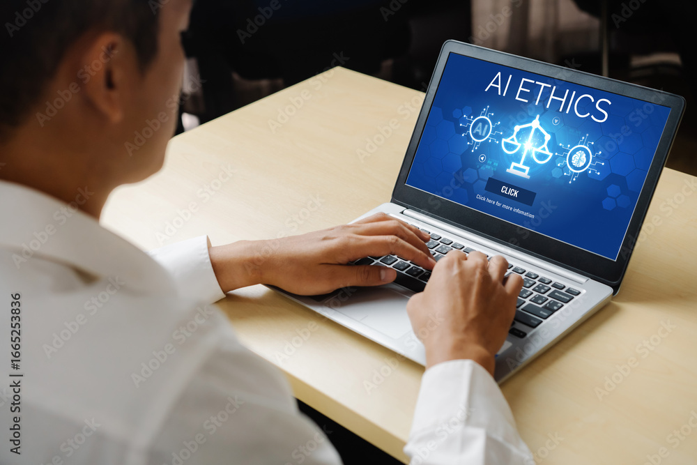 Aufkleber ai ethics responsibility standard law and rules on computer screen provide report of ai ethic transp