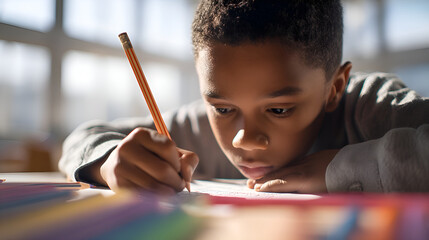 Young student concentrating while writing at school desk