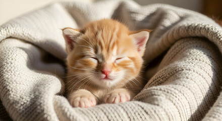 Adorable Kitten Comfortably Sleeping on a Soft White Blanket