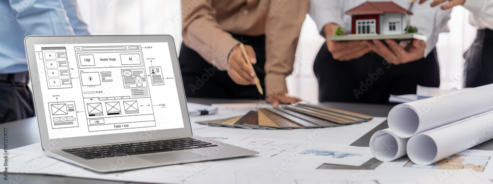 Poster group of interior architect designer discussing together on blueprint and laptop screen display arch