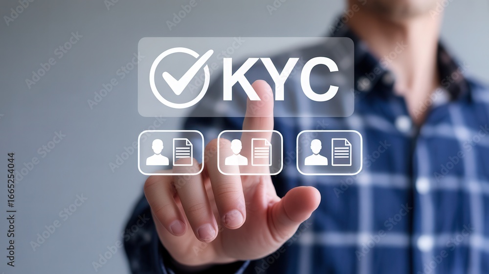 Aufkleber kyc verification process with finger touching digital interface representing identity and security f