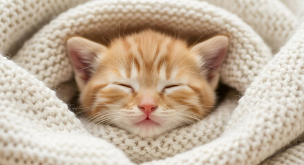 Adorable Orange Kitten Sleeping Peacefully in a Cozy Blanket