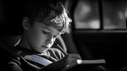 Young boy drawing in car during road trip