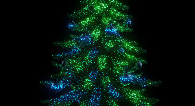 Futuristic Christmas tree glowing with neon green and blue lights for holiday celebrations