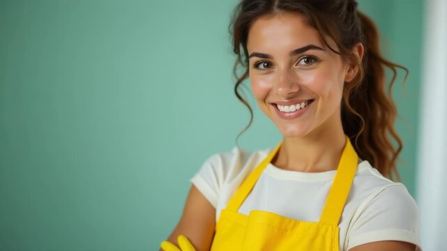A happy woman wearing a bright yellow apron smiles for the camera