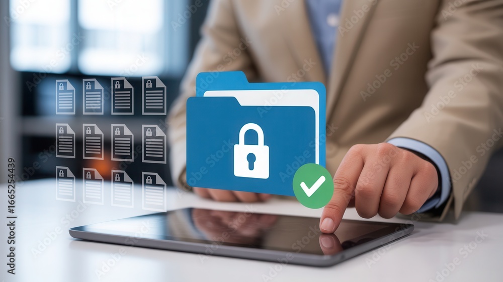 Aufkleber secure data access: professional using tablet to unlock secure documents, highlighting digital secur