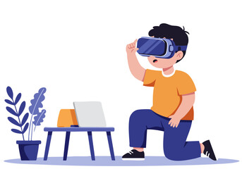 A young boy enjoys virtual reality, immersed in a digital world through VR goggles. A laptop and graphics display are visible, creating a modern, engaging scene. Bright, playful illustration.