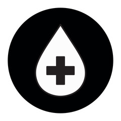 Black and white icon of a blood drop with a medical cross icon on white background