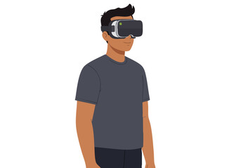 man wears VR goggles experiencing a digital simulation Modern illustration style clean background focused on technology and immersive experiences Suitable for tech virtual reality and digital concepts
