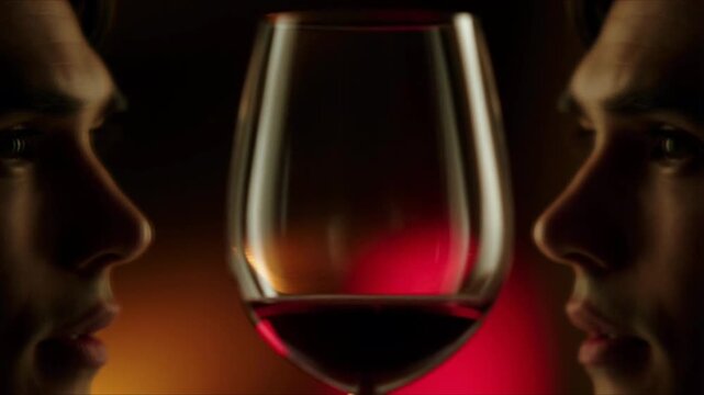 Two identical male profiles of the same man stare at a glass of wine, symbolizing alcohol addiction, inner conflict, dependence and the struggle between continuing to drink or breaking free toward sob