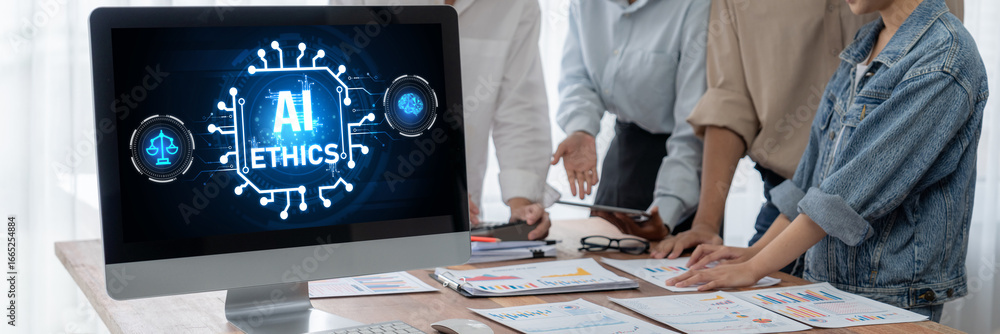 Aufkleber ai ethics responsibility standard law and rules on computer screen provide report of ai ethic transp