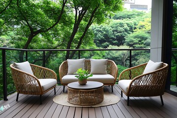 Outdoor patio furniture set with wicker chairs and table on wood deck area
