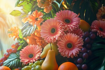 Still life photography of flowers and fruits for nature lovers and artists