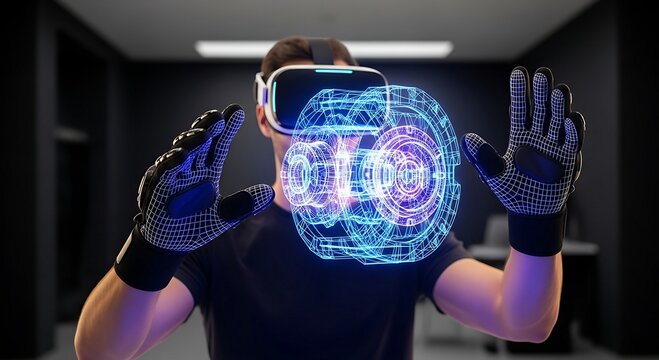 Man using VR headset and haptic gloves to interact with a 3D holographic engine model. Futuristic technology concept.