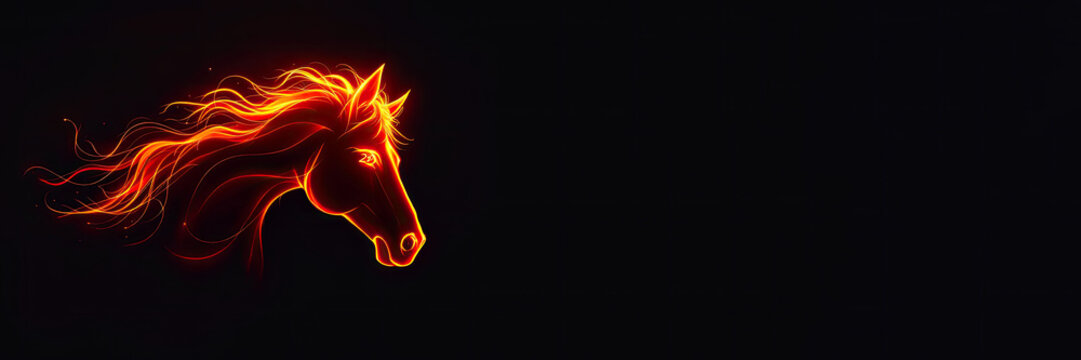 A fiery red horse head silhouette against a dark background. The horse's mane appears to be made of flames, symbolizing strength and vitality.