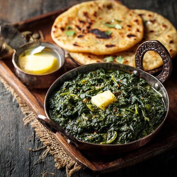 Pakistani saag spinach curry served makki ki roti and butter authentic Punjabi cultural dish for South Asian cuisine stock photography