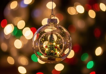 Closeup of a glass christmas ornament with a miniature tree inside, blurred festive lights background