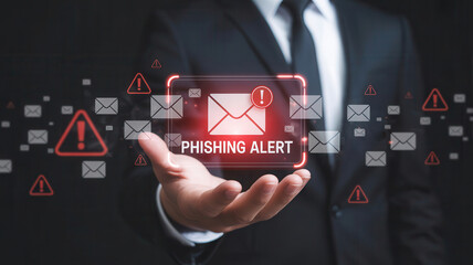 Businessman presenting phishing alert, protecting against cyber threats, email security concept, digital fraud, online safety, data breach prevention, red warning