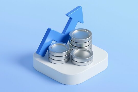 Upward trending blue arrow graph with stacked silver coins on a white pedestal against a blue background