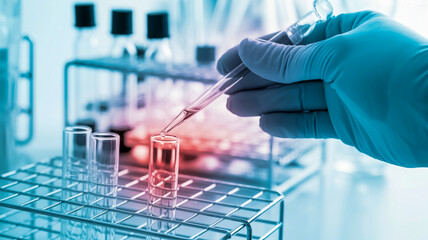 Scientist in blue glove carefully adds liquid from pipette into a test tube in a laboratory setting