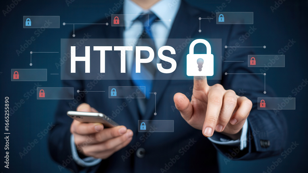 Poster businessman securing online data with https encryption, modern digital security concept with smartph