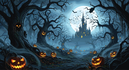 Eerie landscape of a haunted forest on Halloween night, with glowing jack-o'-lanterns lighting a path to a mysterious and dark castle © MDABDULLAHAL