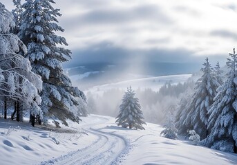 Snowy path through the woods on a cloudy winter day