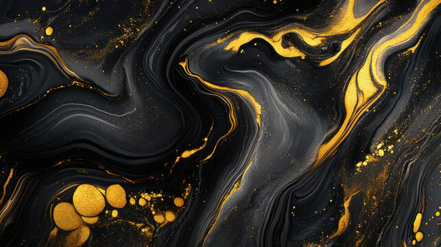 Abstract fluid art background with marbleized gold and black swirls, offering a modern and artistic aesthetic &mdash;ar 16:9 