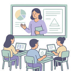 Modern classroom technology with teacher and students using laptops in neon style