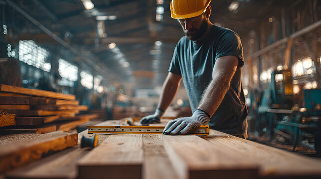 Carpenter measuring wooden plank in workshop with folding rule