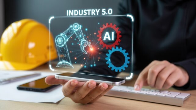 Visionary engineer using smartphone interface to control AI-powered robotic arm in Industry 5.0 environment with construction helmet and technology concept