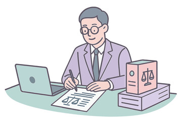 Businessman working late in office with documents and laptop in soft pastel style