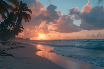 Beautiful beach sunrise palm trees ocean waves scenic view tropical paradise